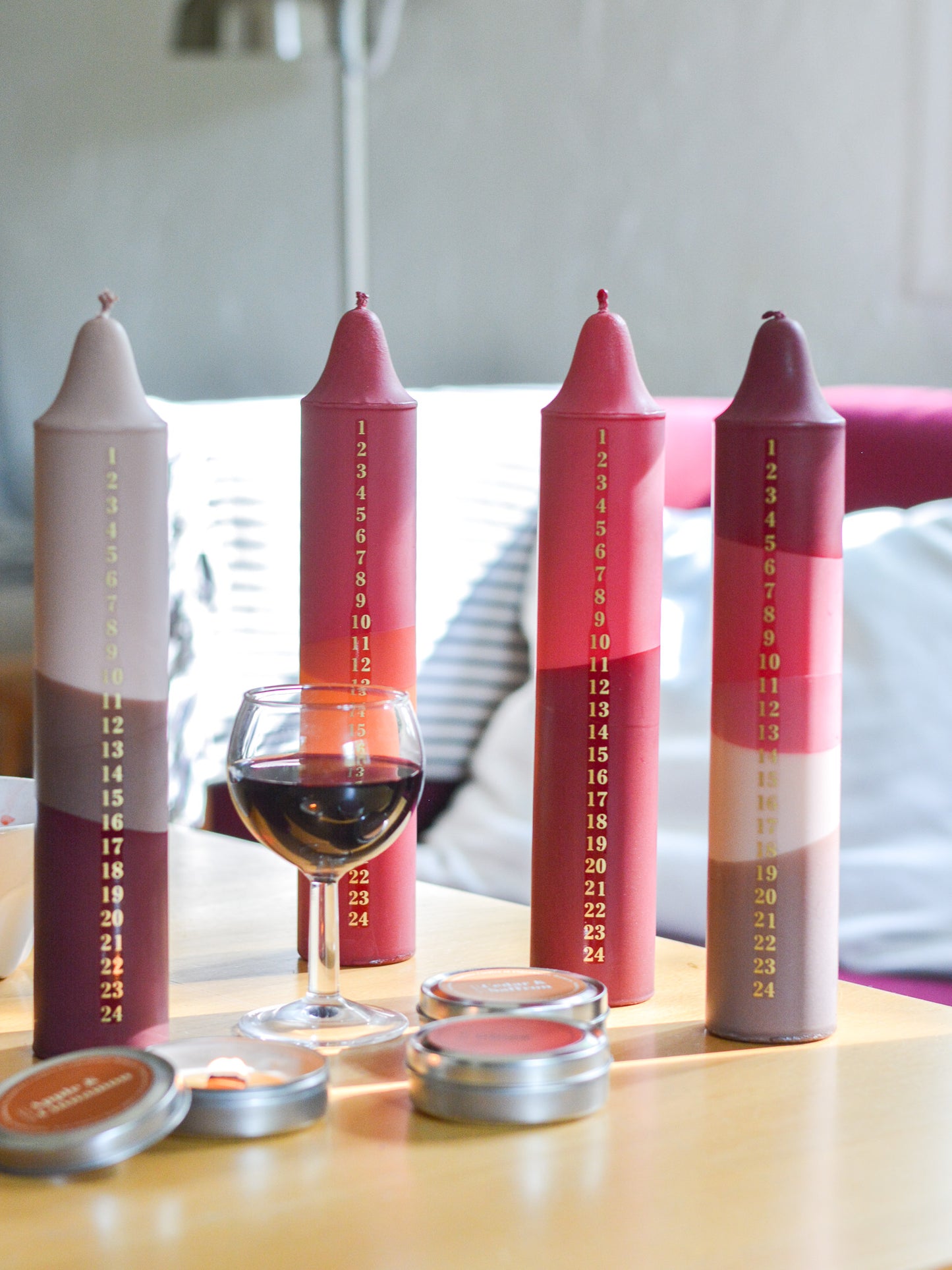 Advent Candle, Kalenderlys Red, Fuchsia, Beige & Brown