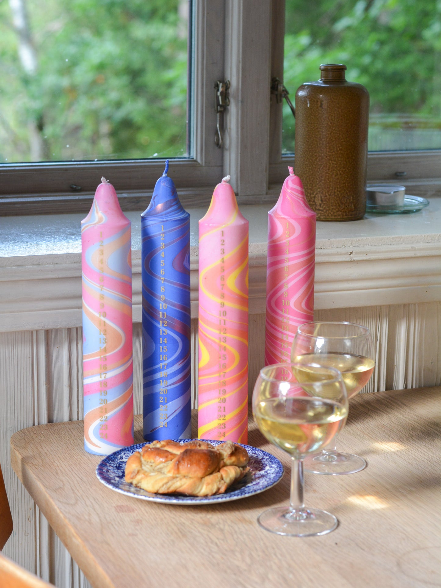 Advent Candle, Kalenderlys Marble Red, Pink & Yellow