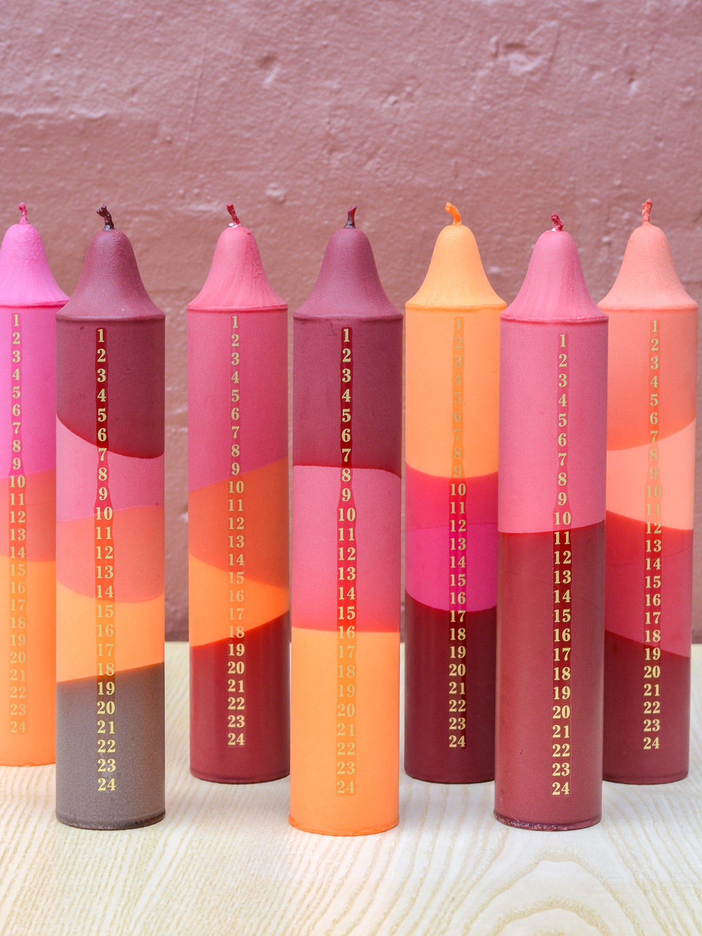 Advent Candle, Kalenderlys Red, Fuchsia, Orange & Brown