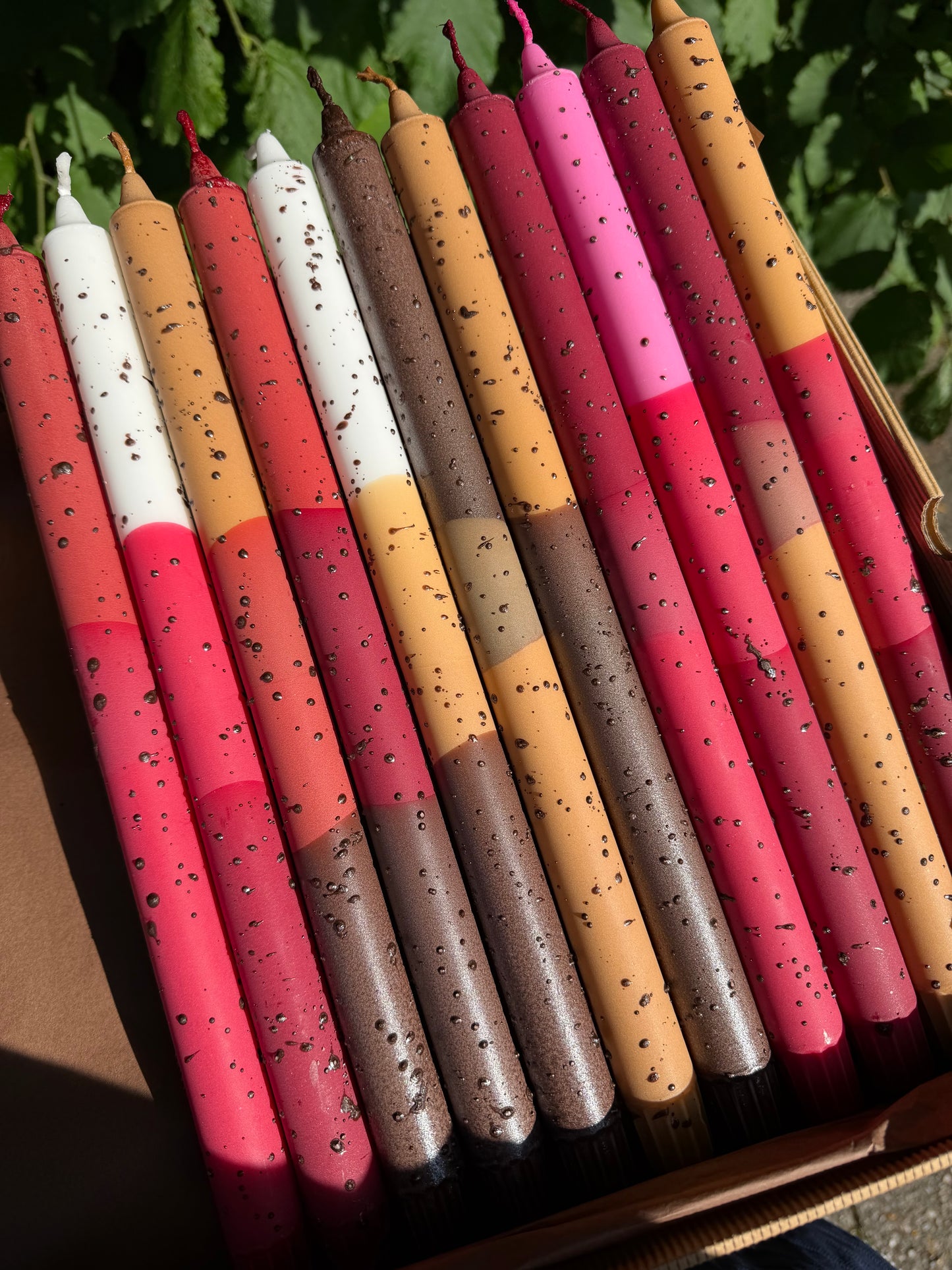 Taper Candles Long Beige & Burgundy Confetti