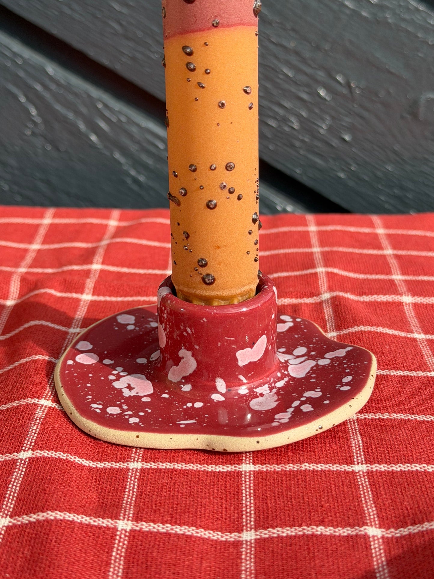 Ceramic Candle Holder Burgundy, White Confetti