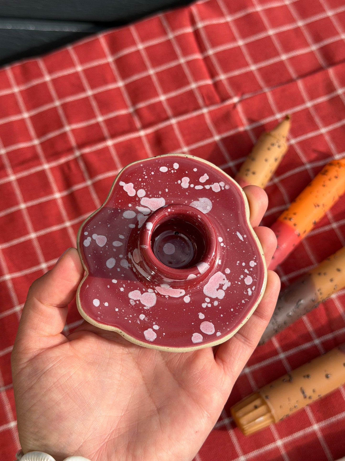 Ceramic Candle Holder Burgundy, White Confetti