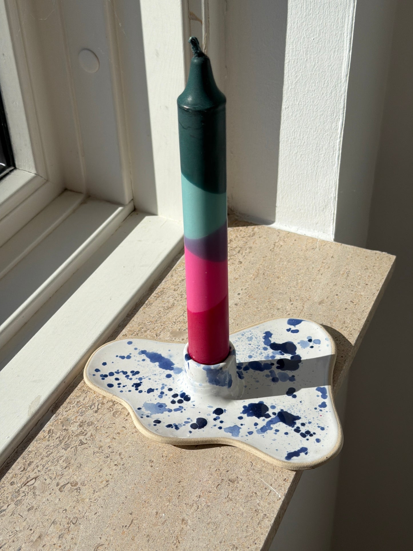 Ceramic Candle Holder White, Navy Confetti