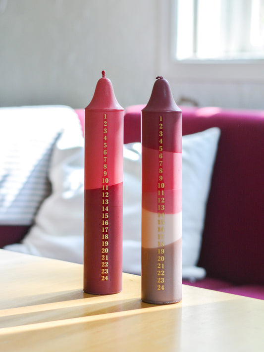 Advent Candle, Kalenderlys Red, Fuchsia, Beige & Brown