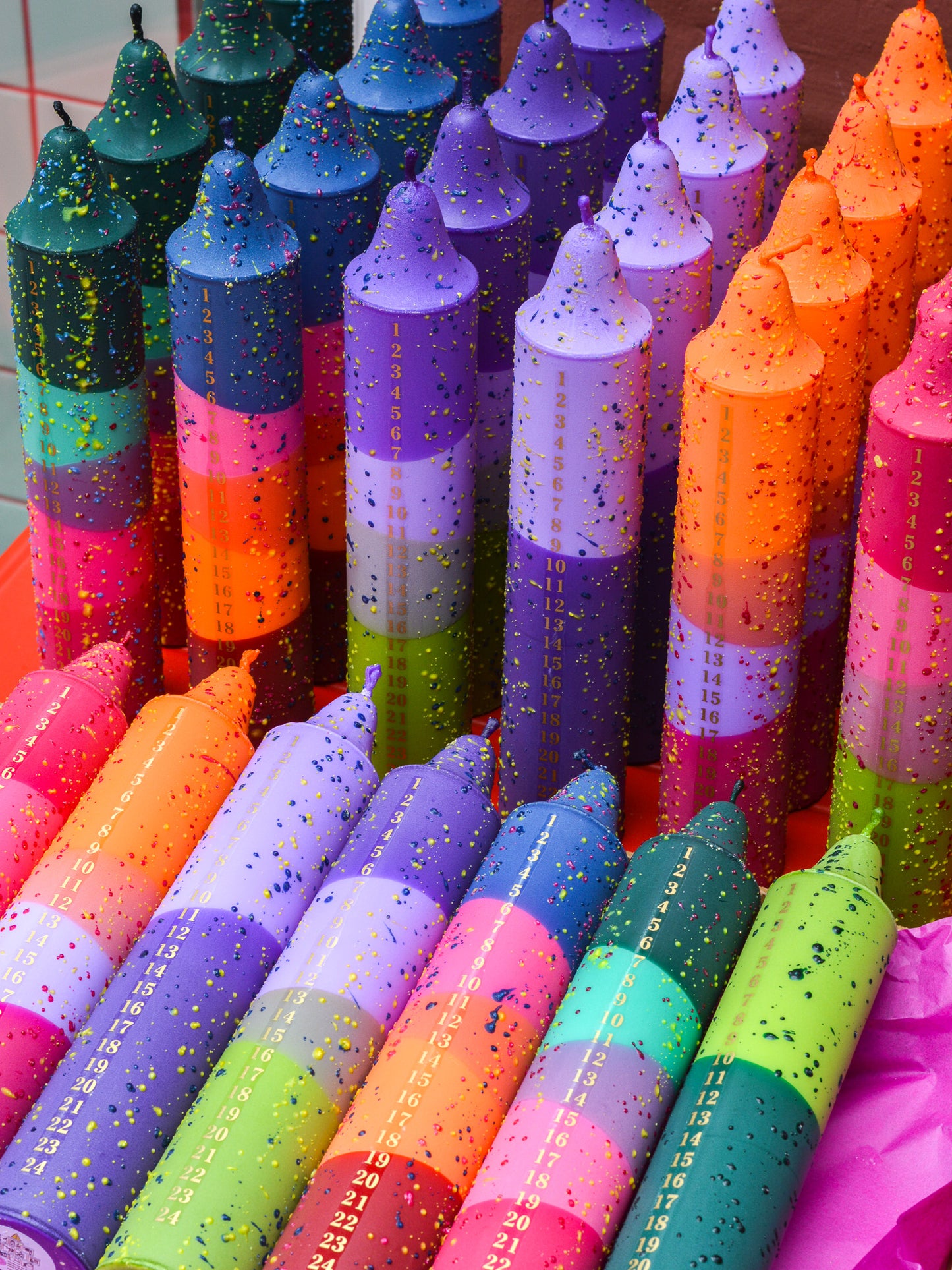 Advent Candle, Confetti Orange & Lavender, Fuchsia / Yellow