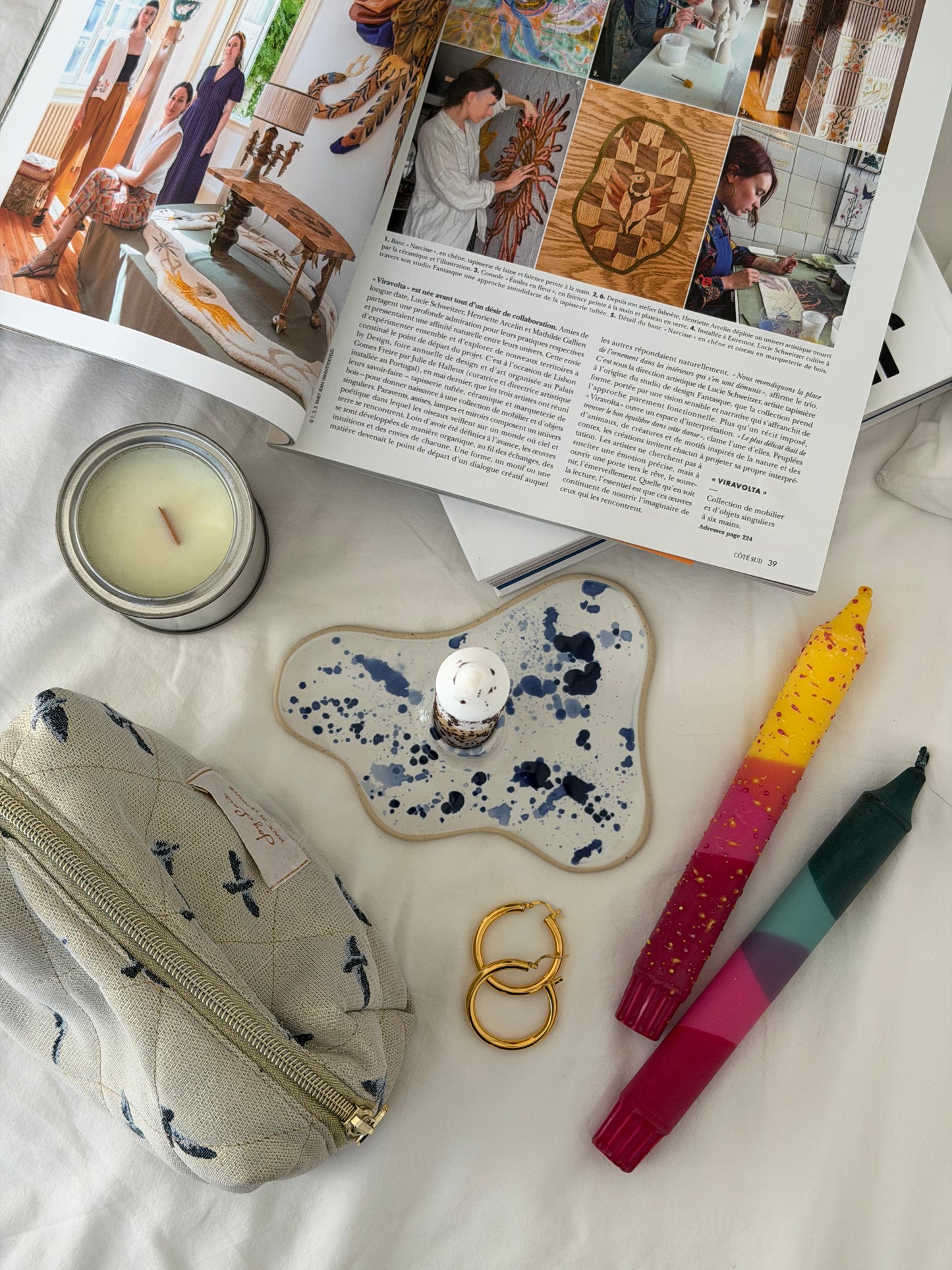 Ceramic Candle Holder White, Navy Confetti