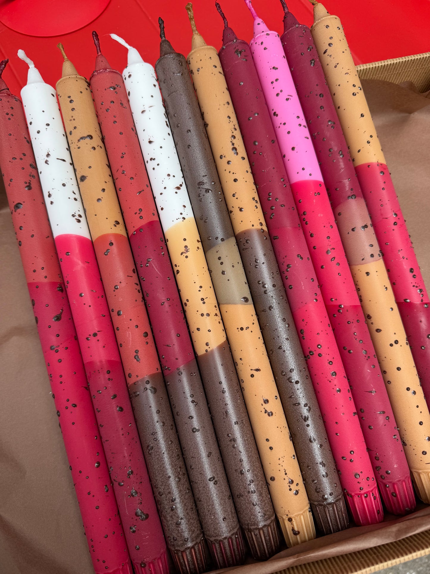 Taper Candles Long Beige & Burgundy Confetti