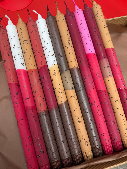 Taper Candles Long Beige & Burgundy Confetti