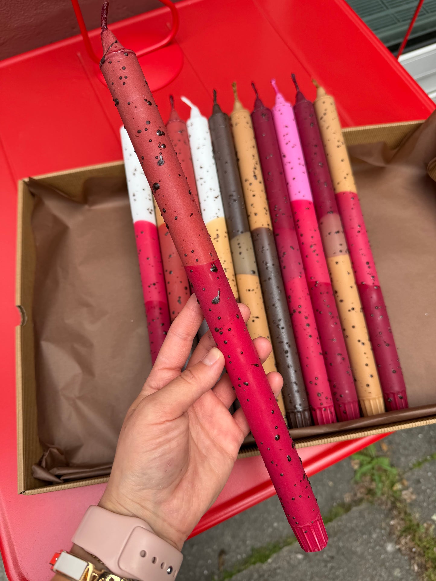 Taper Candles Long Beige & Burgundy Confetti