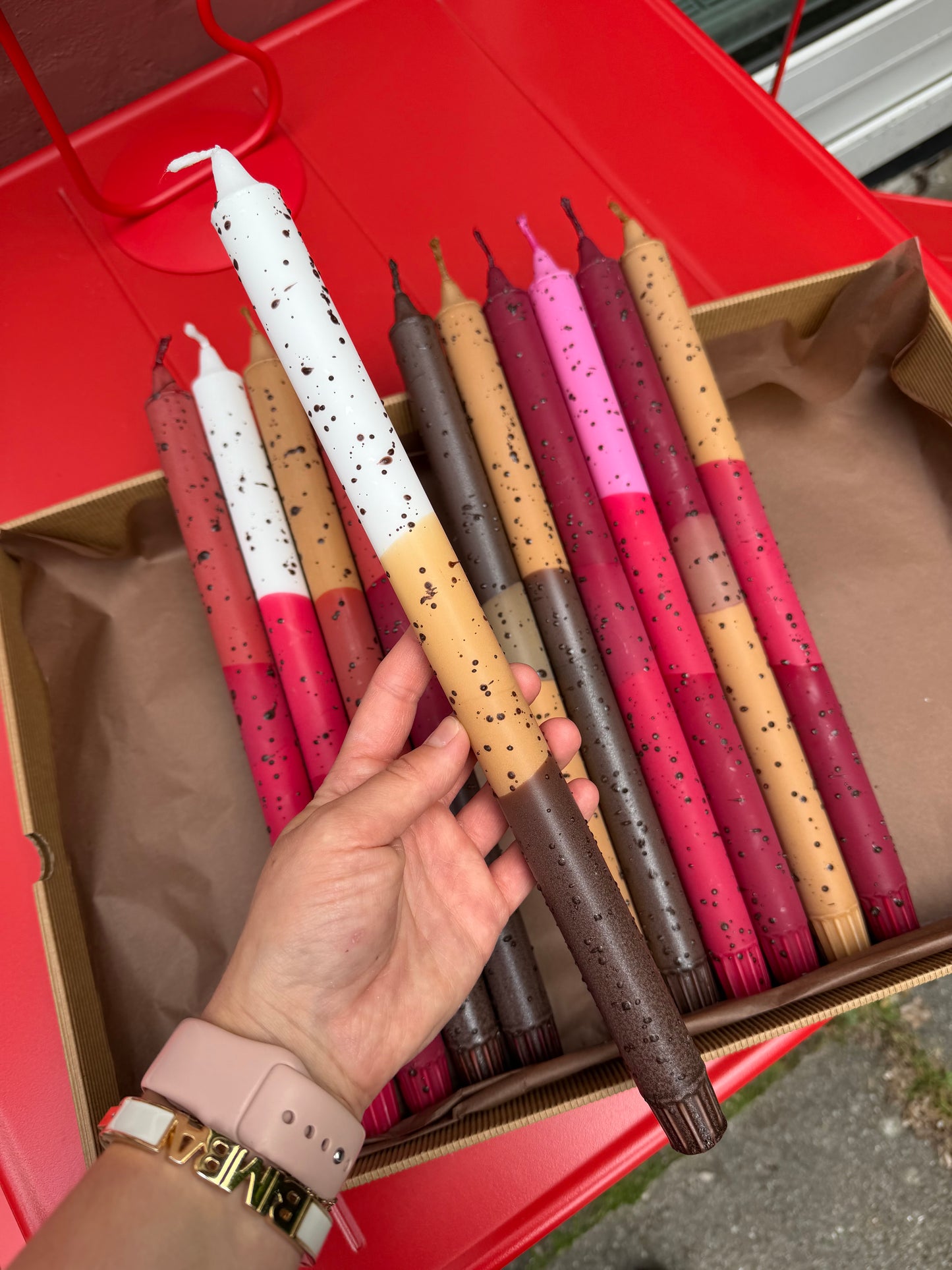 Taper Candles Long Beige & Burgundy Confetti